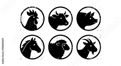 Vintage farm animal icons set, rustic livestock silhouettes in circular frames, 6 black grunge vector stamps of cow, pig, horse, sheep, goat, and rooster