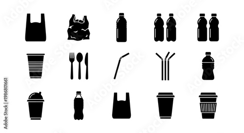 Single use plastic waste icons, black silhouette set of 15 vector elements, disposable plastic bottles and bags, environmental pollution symbols
