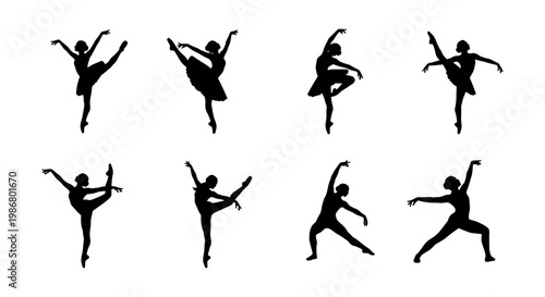 Graceful ballerina silhouette set, 8 ballet dancer vector elements, elegant female performers in artistic poses, black dance figures on white background