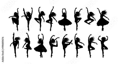 Graceful ballet dancer silhouettes set, 16 elegant ballerina vector elements, female performer dancing poses, black artistic dance figures on white