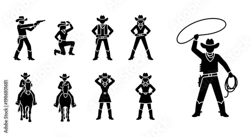 Wild West cowboy silhouettes set, 9 black vector icons of western characters, sheriff and cowgirl figures with lasso and horses, outlaw gunfighter graphics