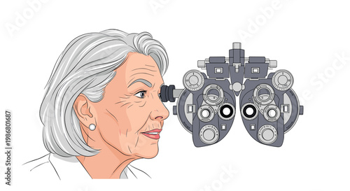 Senior woman has her eyes checked by an optometrist using a phoropter machine in a professional vision care and eye exam concept.