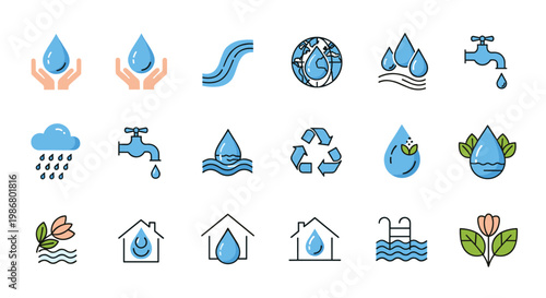 Large set of various water related icons includes drops, taps, rain clouds, and recycling symbols in a clean blue and white style.