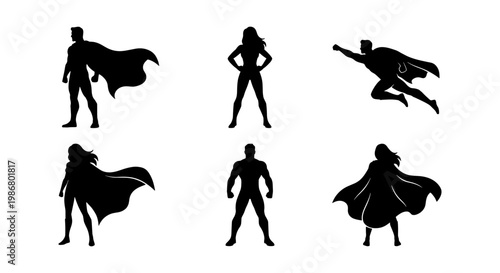 Superhero silhouette collection featuring 6 male and female hero figures, powerful comic book character silhouettes with capes, heroic vector poses