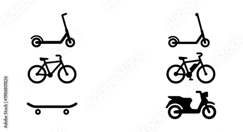Minimalist micro-mobility icon set, black silhouette electric scooter and bicycle vectors, urban transport symbols, 6 elements for city travel