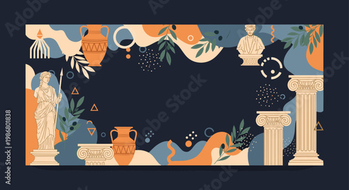 Horizontal banner design features Greek statues, classical columns, and ancient vases on a decorative abstract patterned background.