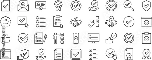 Checkmark and Approved web icon set. Checklist, accepted, stamp, accept, agree, quality control, collection. Editable stroke. Vector