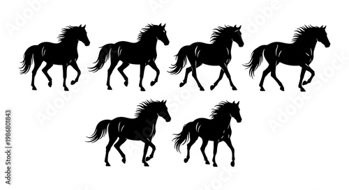 Black horse silhouette collection, set of 6 galloping stallion vector icons, wild mustang running sequence, equestrian animal profile shapes