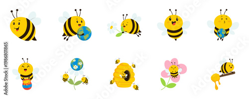 Cute Cartoon Bee Character Set