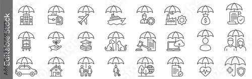 Protection, insurance and security icon set – editable outline symbols of auto care, travel cover, art secure, study shield, industry guard, legal aid, digital armor, home defense, health protection