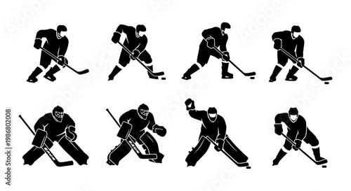 Ice hockey player silhouettes set, 8 professional athlete icons in action poses, black and white sports vector elements for team logos and tournament branding