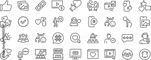 Blogger and Influencer web icons. Blog, monetization, personal brand, video, likes, social media, collection. Editable stroke. Vector