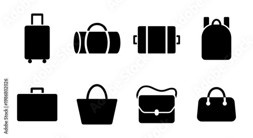 Minimalist travel bag icon set, 8 black luggage silhouettes for tourism and vacation, flat vector baggage symbols for airport and trip planning