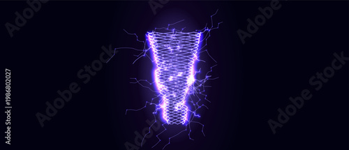 Lightning Thunderbolt Energy Tornado Hurricane Typhoon, Digital Bolt Abstract AI Data Science Funnel Stream, Cyber Technology Flow Process Symbol, Mind Neural Network Concept. Vector Illustration