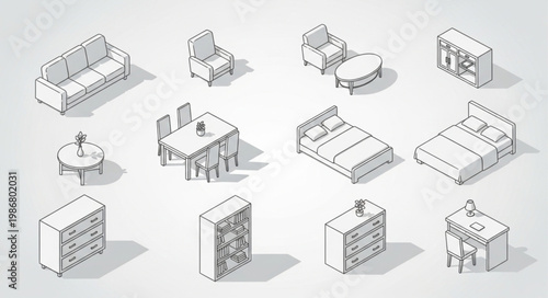 Collection of Isometric Furniture Icons for Interior Design.