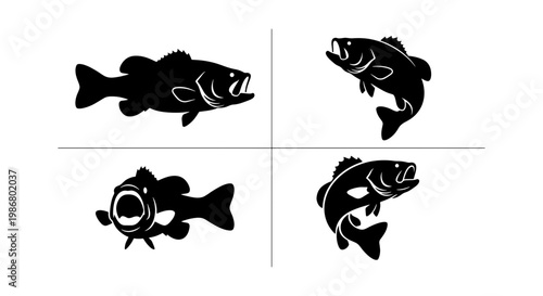 Bass fish silhouette collection, black largemouth bass vector set of 4 icons, jumping fish fishing tournament logos, outdoor sport fishing graphics