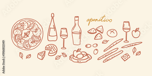 Italian aperitivo with wine, cheese, snacks. Mediterranean food icons. Hand drawn Appetizers, caprese salad, drinks, bread, fruits. Vector illustration on isolated background. Party and picnic 