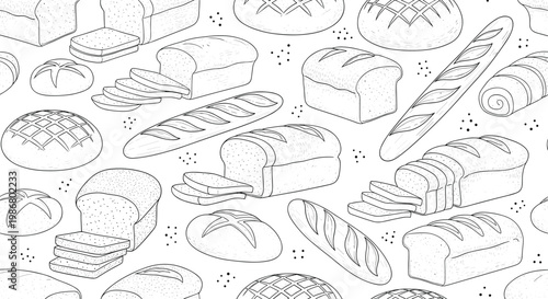 Seamless background pattern features various hand-drawn bread types and bakery products in a detailed black and white line art style.
