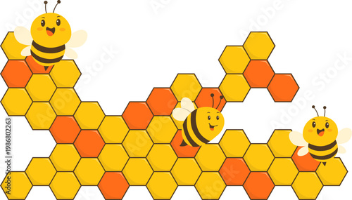 Cute Cartoon Bees on Honeycomb