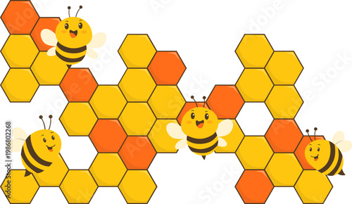 Cute Cartoon Bees and Honeycomb