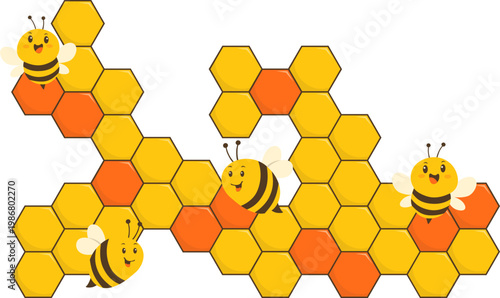 Cute Cartoon Bees on Honeycomb