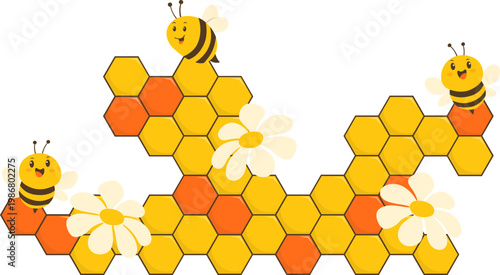 Cute Cartoon Bees and Honeycomb
