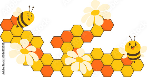 Cute Cartoon Bees and Honeycomb