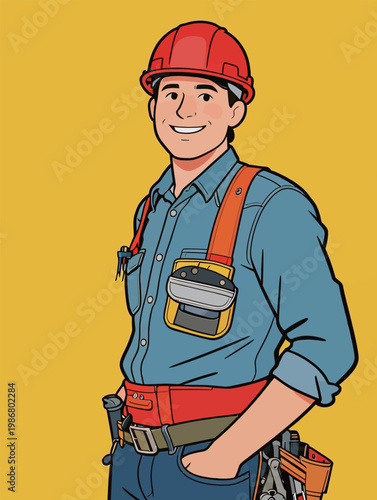 Smiling Male Worker in Red Helmet and Denim Shirt