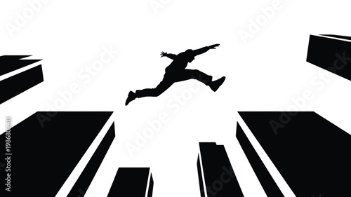 Parkour silhouette of man jumping between skyscrapers, urban free running athlete leaping over city buildings, business risk and success concept vector