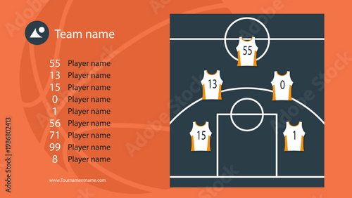 Basketball lineup vector template with team player jerseys on court, sport match formation and starting five strategy infographic isolated on orange background