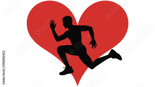 Athletic runner silhouette on red heart background, cardio health and fitness concept vector, male sprinter jogging for heart wellness and stamina