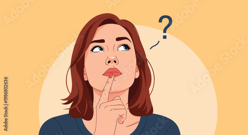 Thoughtful young woman with brown hair looking upwards with a pensive expression and a question mark symbol above her head.