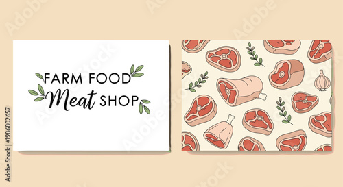 Professional business card layout for a farm food meat shop featuring elegant typography and a pattern of various raw meat sketches.