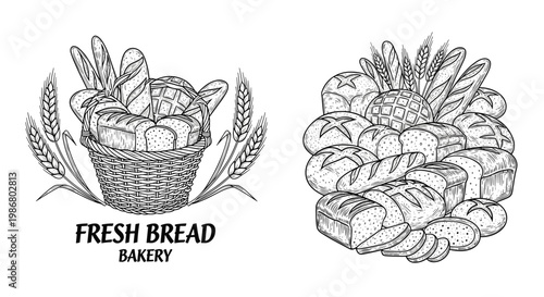 Traditional bakery illustration featuring a basket full of fresh artisan bread loaves and wheat stalks in a classic engraving style.