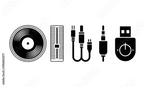 Audio equipment icons set black glyph style including jog wheel fader audio jacks USB drive volume knob for DJ music production design