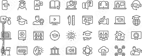 E-learning web icon set. E-book, video tutorial, mentor, distance learning, video and audio courses, collection. Editable stroke. Vector