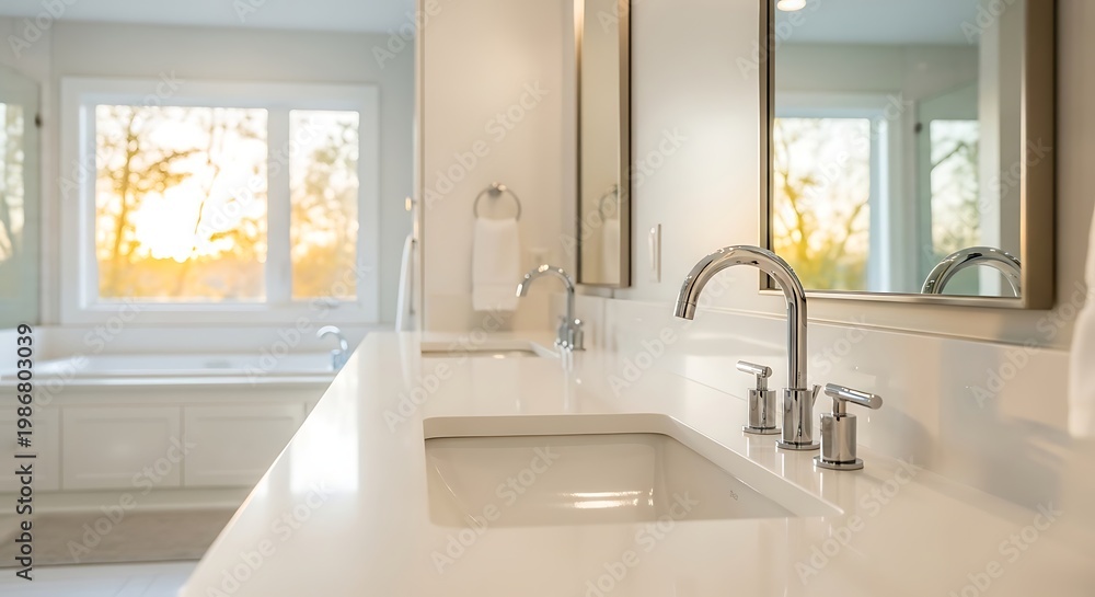 Fototapeta premium Luxurious modern bathroom interior with natural light from a large window and a bathtub featuring a sleek white countertop with double sinks and chrome faucets