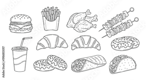 Large set of popular fast food items illustrated in a hand drawn line art style including burgers, fries, pizza, and tacos.