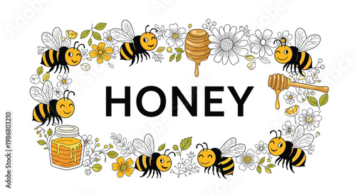 Honey banner design with sweet bees flying among flowers, jars of honey, and honey dippers in a playful hand drawn style.