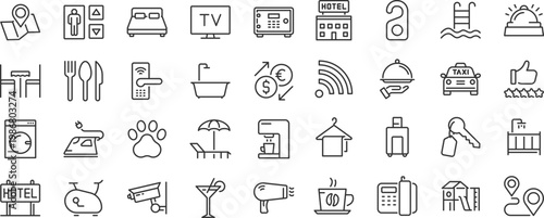 Hotel and apartment web icons. Rental, reservation, hotel booking, room, parking, travel, service, airport, collection. Editable stroke. Vector