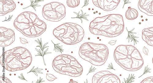 Vintage hand drawn seamless pattern features various meat steaks, aromatic rosemary sprigs, and garlic cloves for a rustic culinary design.