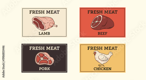 Collection of colorful labels showcases fresh meat options including lamb, beef, pork, and chicken with detailed hand drawn illustrations.