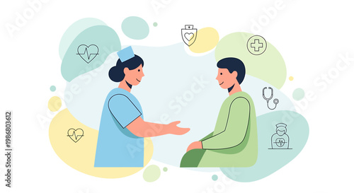 Healthcare Dialogue A friendly nurse interacts with a patient, surrounded by medical icons, embodying trust and compassion in a care setting.