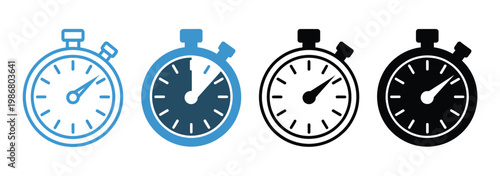Stopwatch multiple style icon set vector, including analog and digital timer icons, time tracking and measurement symbols, clean vector illustration.