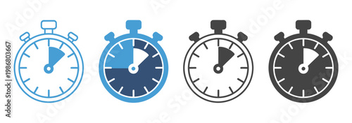 Stopwatch multiple style icon set vector, including analog and digital timer icons, time tracking and measurement symbols, clean vector illustration.