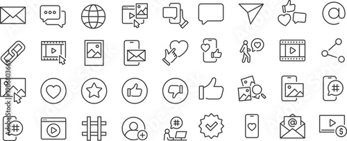 Social Media and web icons. Data analytics, blogging, seo, digital marketing, like, management, message, phone, collection. Editable stroke. Vector