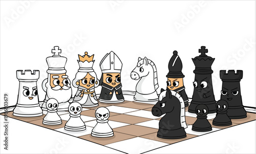 Cute cartoon chess pieces with expressive faces engaged in a strategic battle on a game board.