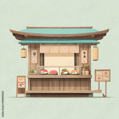 Japanese Sushi Booth 2D Illustration – Minimal Blank Kiosk Design