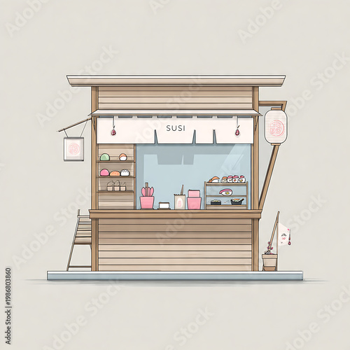 Japanese Sushi Booth 2D Illustration – Minimal Blank Kiosk Design