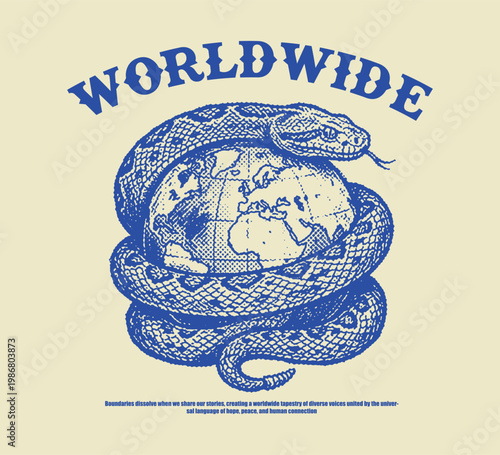 Vector illustration hand draw streetwear of a retro blue snake coiled around the globe under "WORLDWIDE" text for T-Shirt design with slogan and distortion artwork